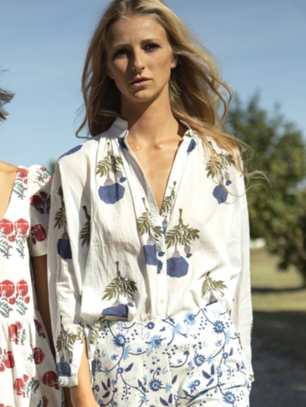 Alix Of Bohemia Blouse Poet Long Sleeve Buttom Down Cotton in White & Blue